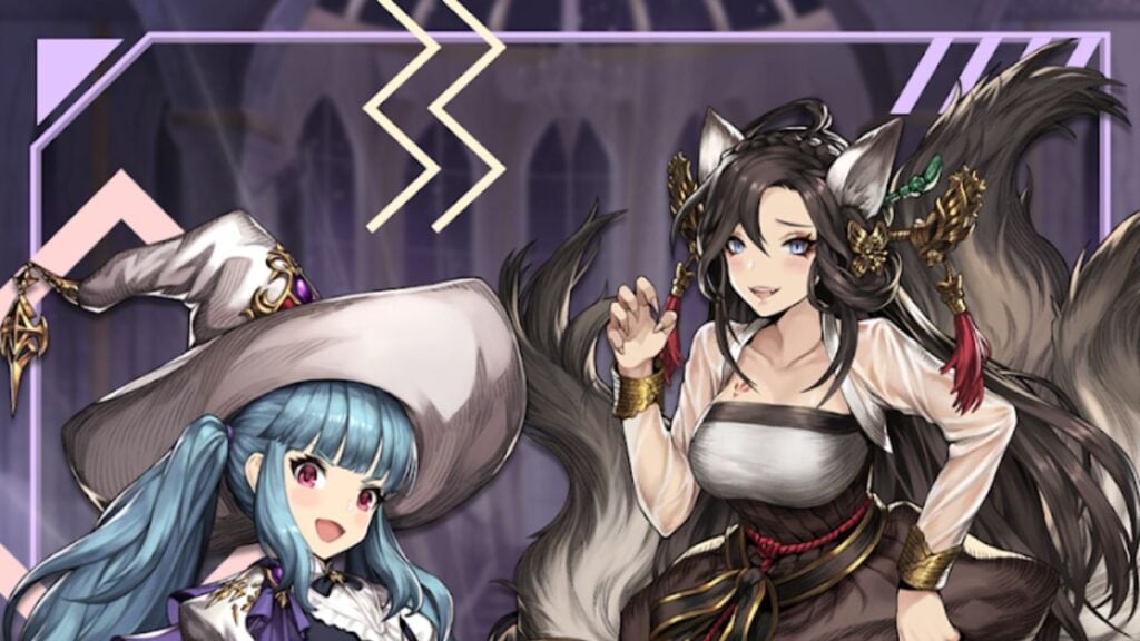 Feature image for our Magic Stone Knights tier list. It shows two female characters from Magic Stone Knights. Once has blue hair and wears a white witch hat. The other has black fox ears and tails.