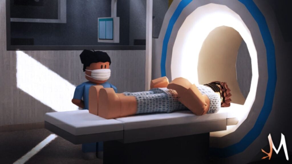 Feature image for our Maple Hospital codes guide. It shows two Roblox characters, one about to go into an MRI machine, another as a staff member who is overseeing the scan.