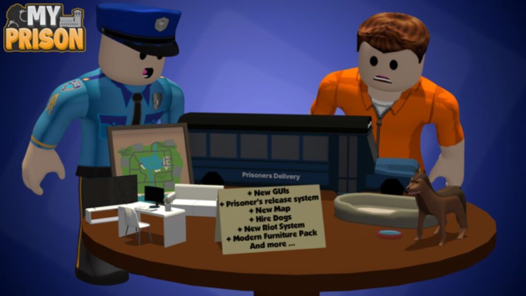 Feature image for our My Prison codes. It shows two Roblox characters, one a guard, one a prisoner. They're looking at a table where there are models of a map, furniture, a bus, and a dog.