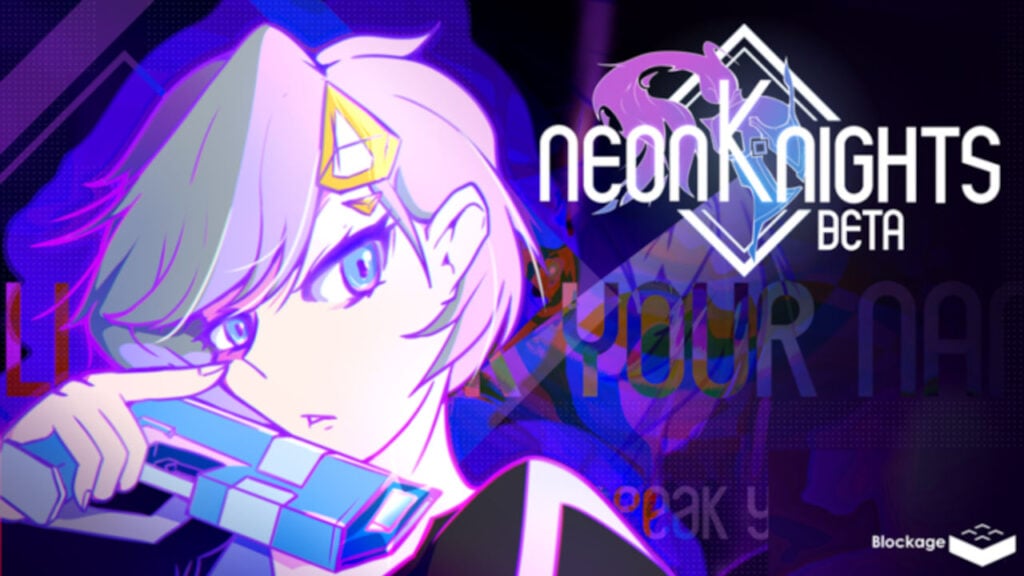 Neon Knights character posing in front of the logo.