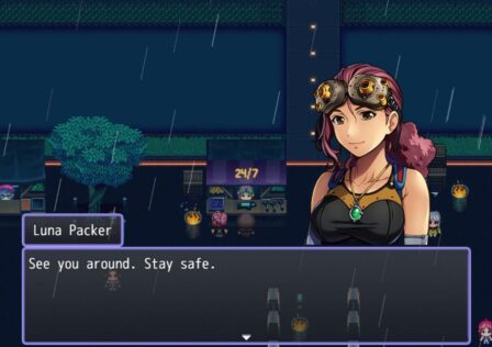Feature image for our Neopunk news piece. It shows an in-game screen with a conversation taking place between some character sprites and a character at the store, with the sotehold character's portrait, a woman with maroon hair and goggles, saying 'See you around Stay safe.'
