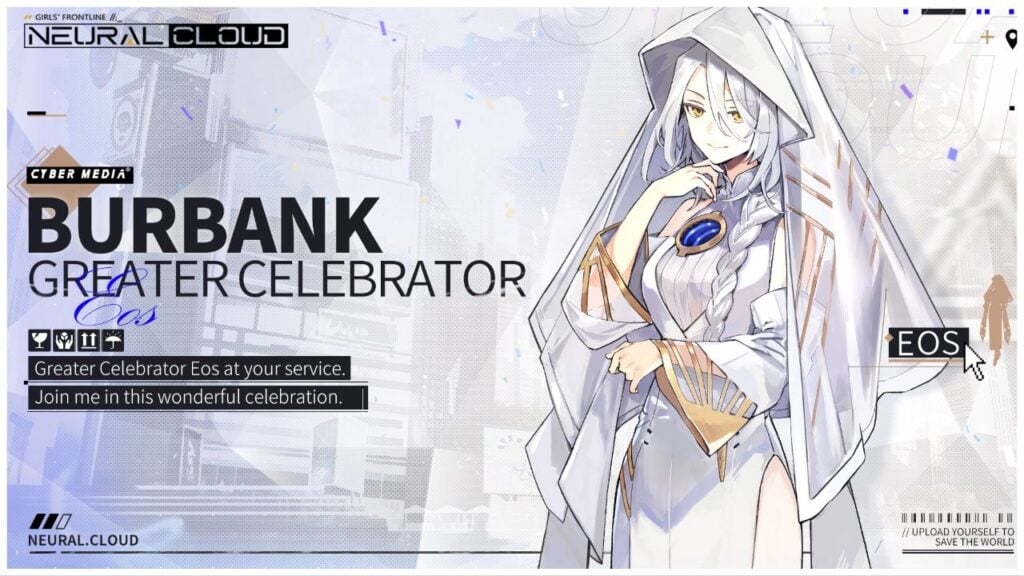 feature image for our neural cloud eos news, the image features promo art from a tweet announcing the new character, the image features a drawing of the new character wearing a cloak as she holds her hand up to her chin, the image also features the game's logo, with a faded background of city buildings
