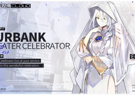 feature image for our neural cloud eos news, the image features promo art from a tweet announcing the new character, the image features a drawing of the new character wearing a cloak as she holds her hand up to her chin, the image also features the game's logo, with a faded background of city buildings