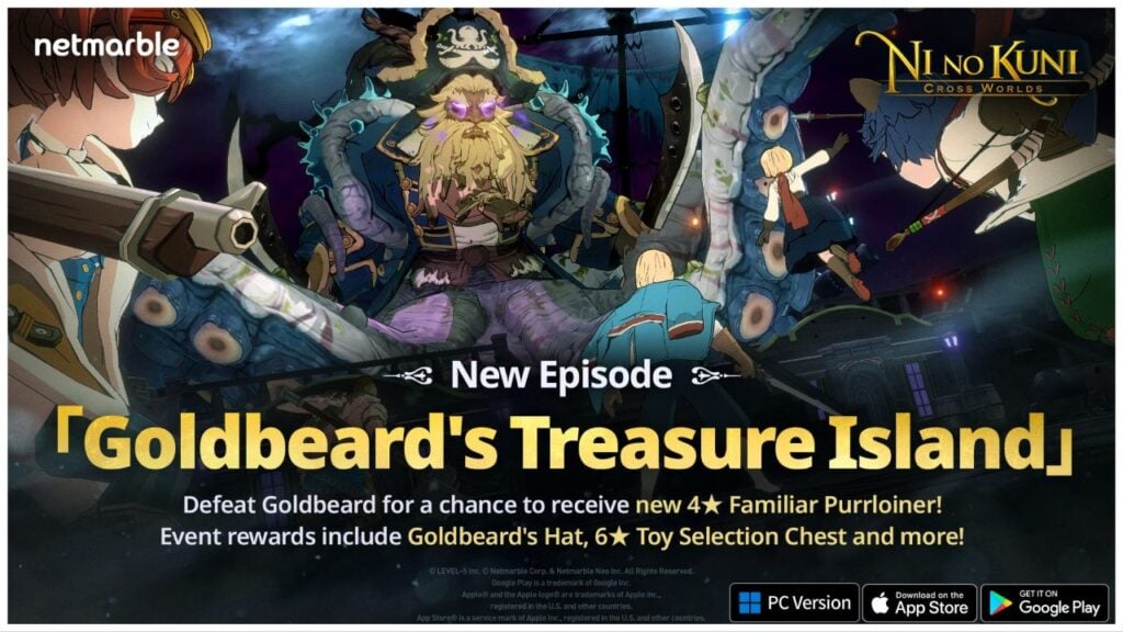 feature image for our ni no kuni: cross worlds update news, the image features official promo art for the update with a drawing of goldbeard with the legs of a Kraken as a team of characters prepare to battle against him, the netmarble logo is in the top left, the game's logo is in the top right and there is text in the middle of the image saying "new episode - goldbeard's treasure island"