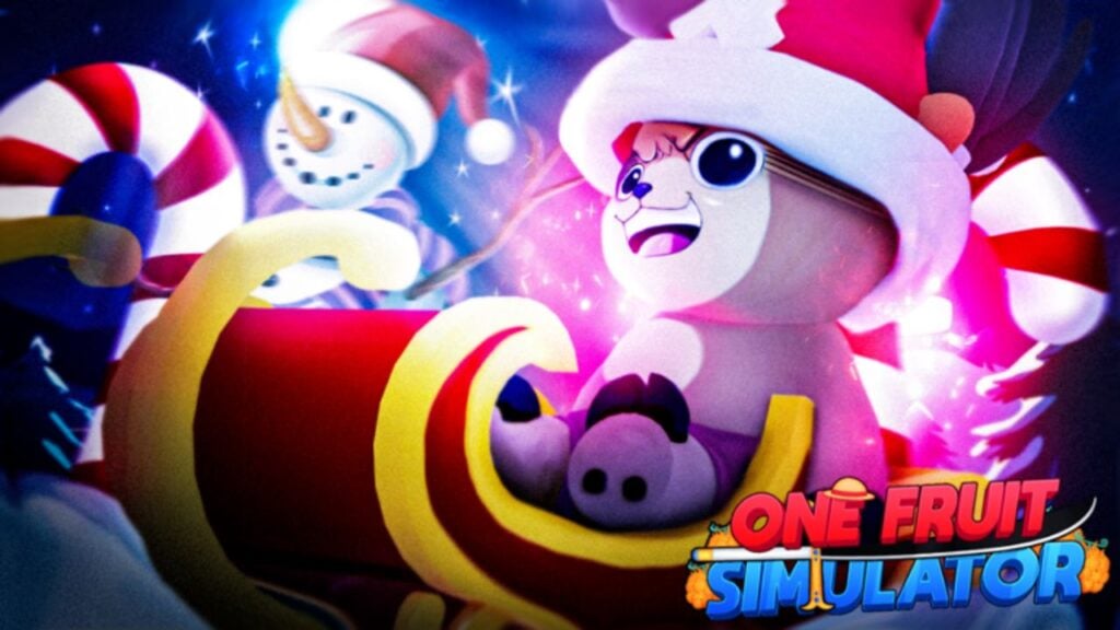 Feature image for our One Fruit Simulator codes guide. It shows the One Piece characte,r Chopper, sitting on a sledge next to a snowman.