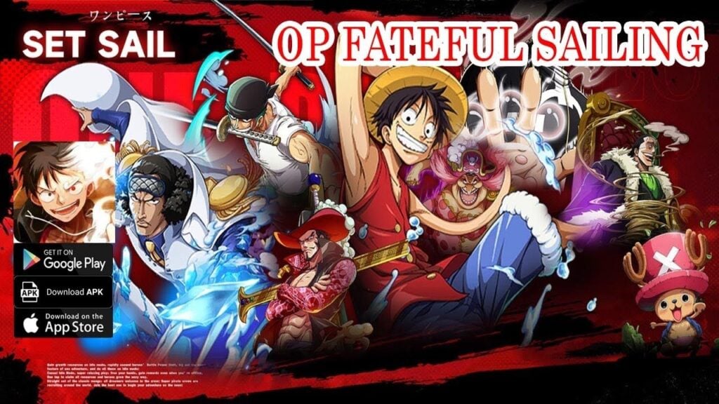 Feature image for our OP Fateful Sailing codes guide. It shows a selection of One Piece characters on a red background.