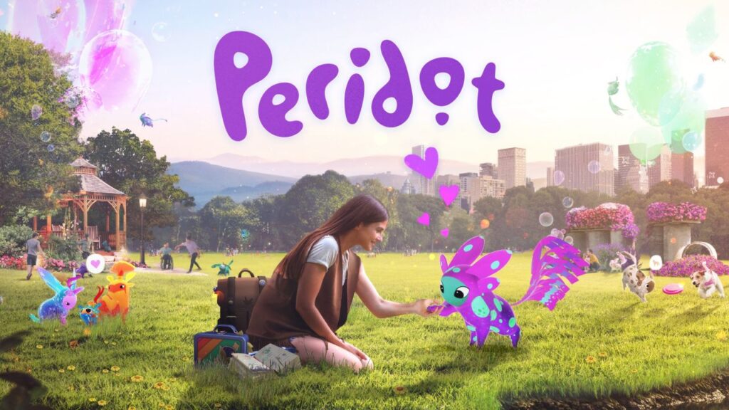 Feature image for our news piece on the Peridot release. It shows a promotional image of a woman in a park reaching out to a magenta and turquoise creature with a feathery tail.