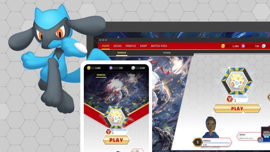 The featured image for our Pokemon TCG Live release date article, featuring a Pokemon floating infront of screenshots from the game.