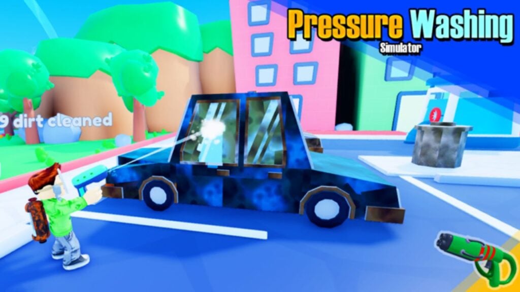 Feature image for our Power Washing Simulator codes guide. It shows an in-game screen of a dirty car with a character equipped with a pressure washer and water tank.