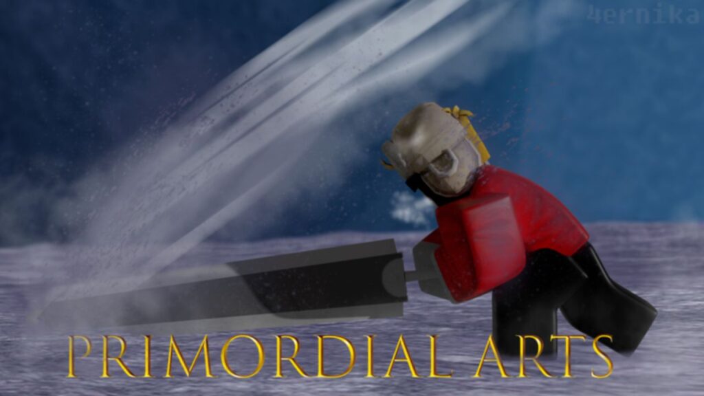 Feature image for our Primordial Arts codes guide. It shows a Roblox character in a helmet swinging a huge sword.