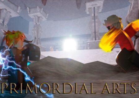 Feature image for our Primordial Arts tier list. It shows two Roblox characters facing off in a fight, one using lightning and the other with his fists wrapped in flames.