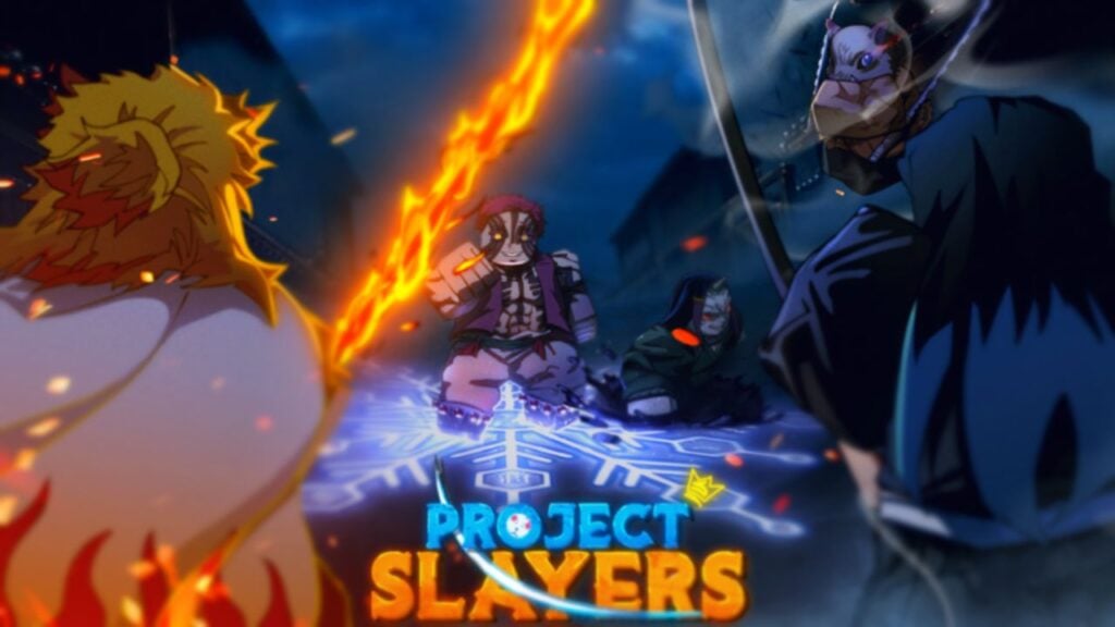 Feature image for our Project Slayers clan tier list. It shows a fight between Roblox versions of several demon and slayer characters from the series Demon Slayer.