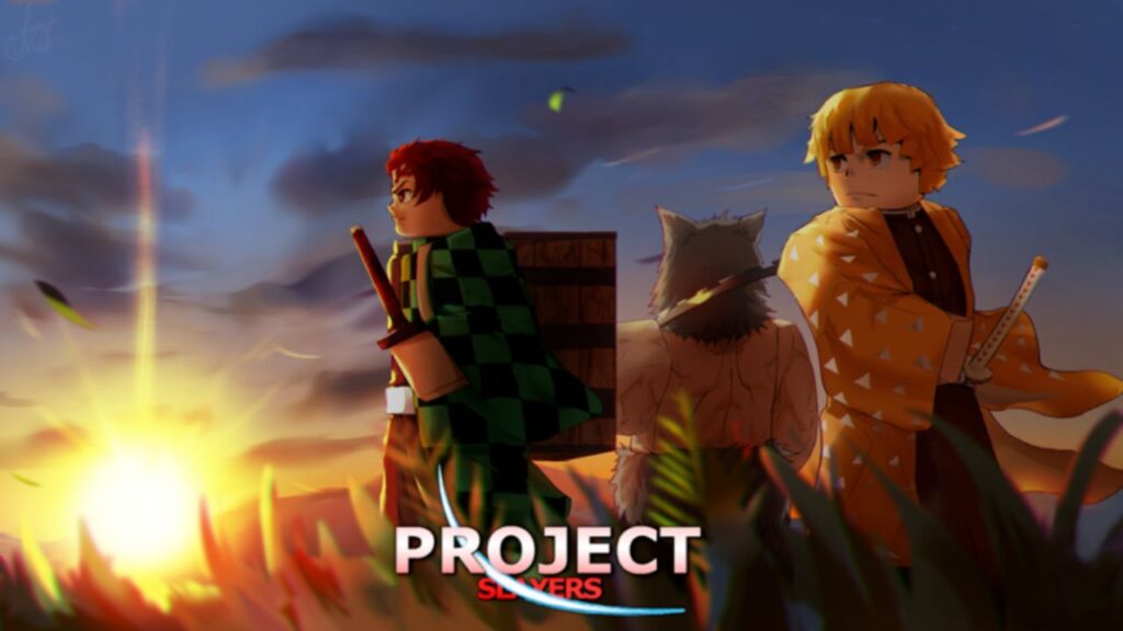 Feature image for our Project Slayers codes guide. it shows Roblox versions of three characters from the Demon Slayer anime stood in a grassy field at sunset.