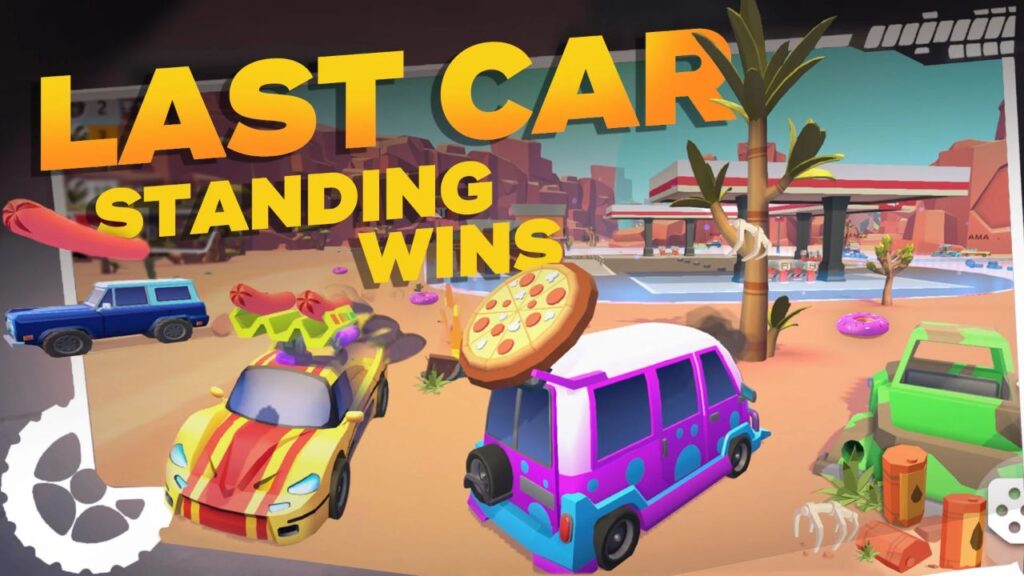 Feature image for our Redline Royale codes guide, showing two brightly-colored cars on a beach. One is firing hotdogs forwards.