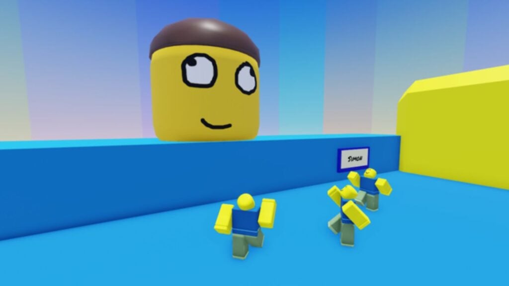 Feature image for our Silly Simon Says codes guide. It shows several Roblox characters posing in front of a giant yellow head with goofy eyes.