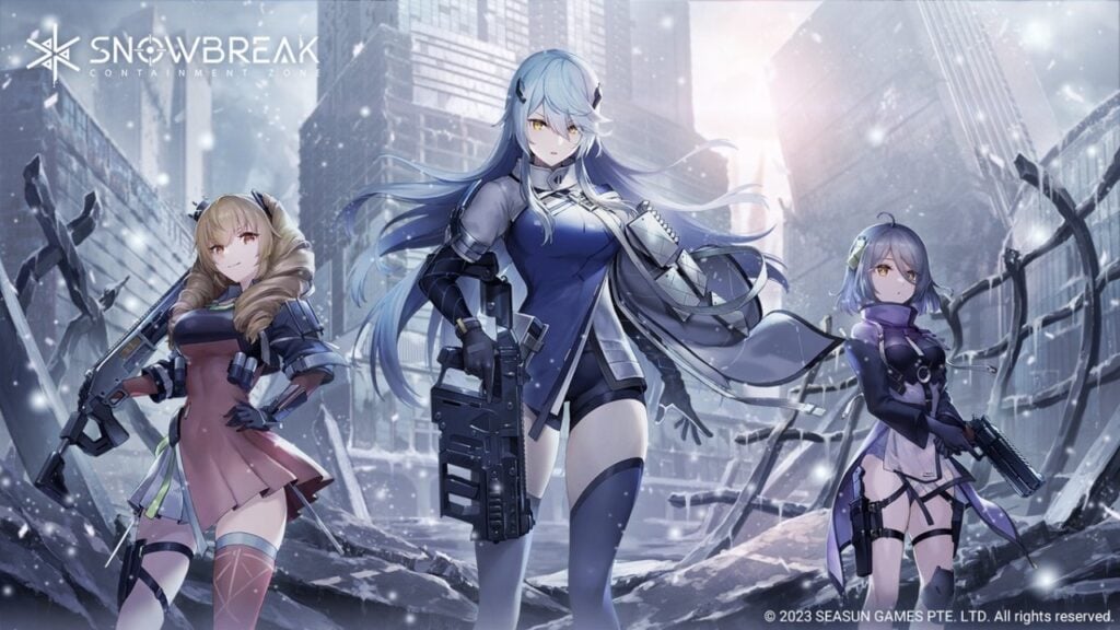 The featured image for our article covering Snowbreak: Containment Zone surpassing one million pre-registrations, featuring a team of Operatives from the game standing together in a crumbling city.