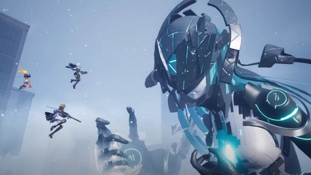 Feature image for our Snowbreak: Containment Zone it shows three female playable characters suspended in the air, facing a giant entity with a feminine body and an intricate metal helmet covering most of its face.