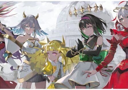 feature image for our takt op symphony release news, the image features official promo art for the game of a group of the characters standing together with a faded building with a dome roof behind them