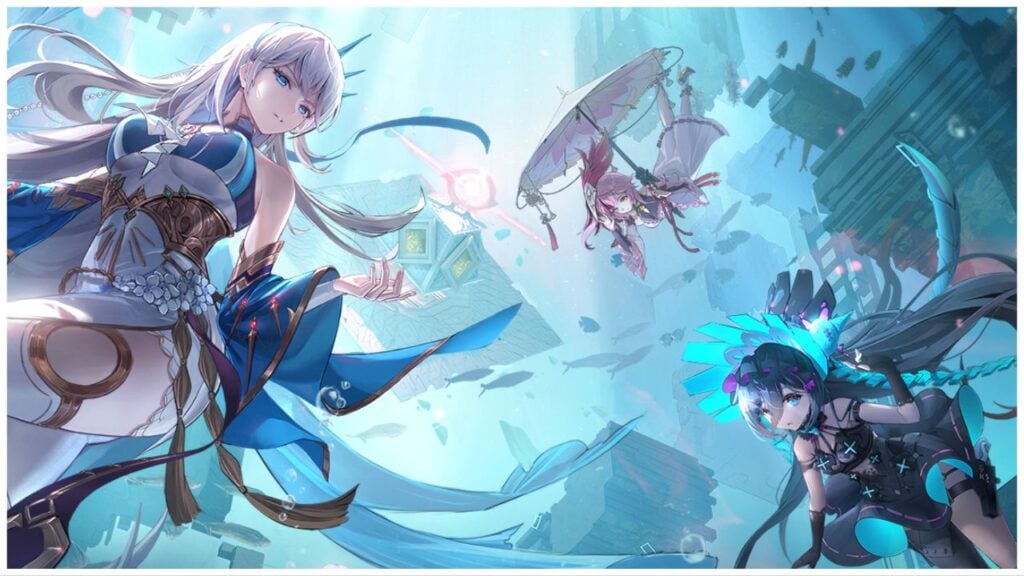 feature image for our tower of fantasy playstation news, the image features official promo art for the game of 3 anime style characters swimming underwater, surrounded by fish and floating structures, one character is also holding a parasol
