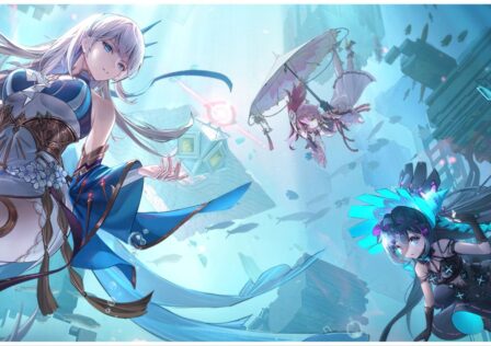 feature image for our tower of fantasy playstation news, the image features official promo art for the game of 3 anime style characters swimming underwater, surrounded by fish and floating structures, one character is also holding a parasol