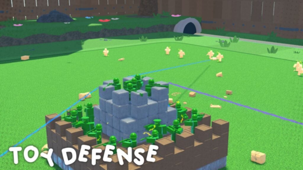 Feature image for our Toy Defense codes guide. It shows a tower made of blocks, with green plastic soldiers crowded on top.