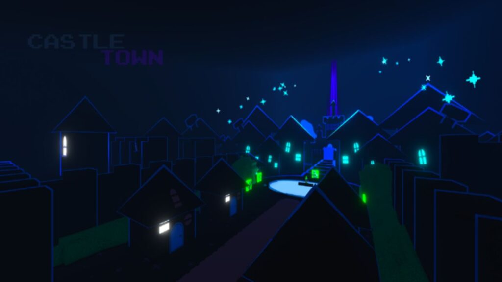 Feature mage for our Unwavering Soul codes guide. It shows a screen of a dark town with neon blue windows.