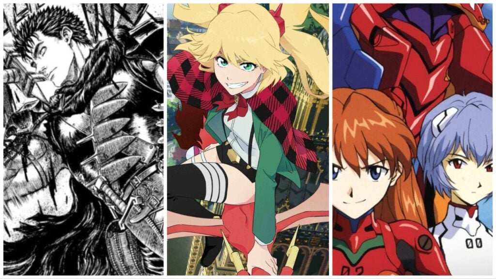feature image for our upcoming gacha collaborations guide, the image features official promo art for the evangelion series, the burn the witch series, and a photo of a page of the berserk manga of the character guts