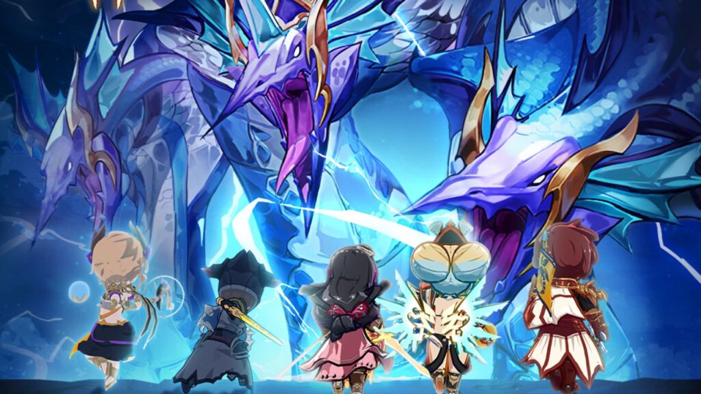 Feature image for our Valianr Force 2 news on the beta introduction of guild raids. It shows a number of characters facing against a blue three-headed hydra-like creature.
