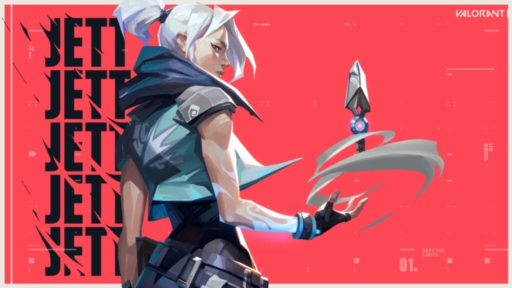 The featured image for our Valorant/Honkai: Star Rail article, featuring a character from Valorant with her back to the camera holding up a dagger infront of a red background.