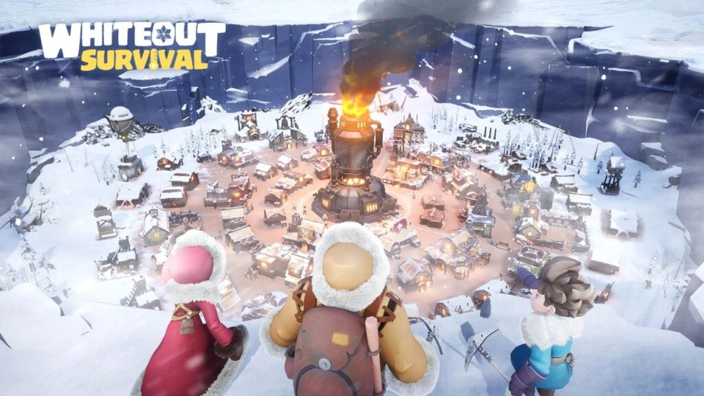 Feature image for our Whiteout Survival tier list. It shows some characters in thick coats viewed from behind, on a snowy cliff overlooking a top with a big furnace in the centre.
