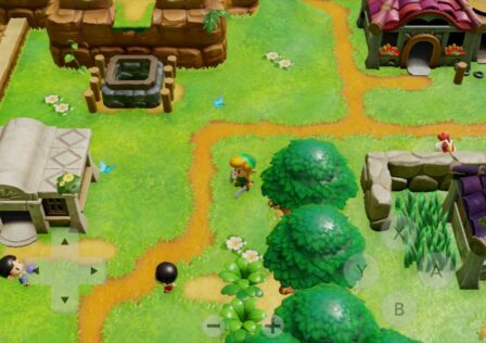 Feature image for our news piece on the Yuzu Android release. It shows a screenshot of The Legend Of Zelda: Link's Awakening running on Yuzu Android. Link is stood in the middle of a village, with a top-down view.