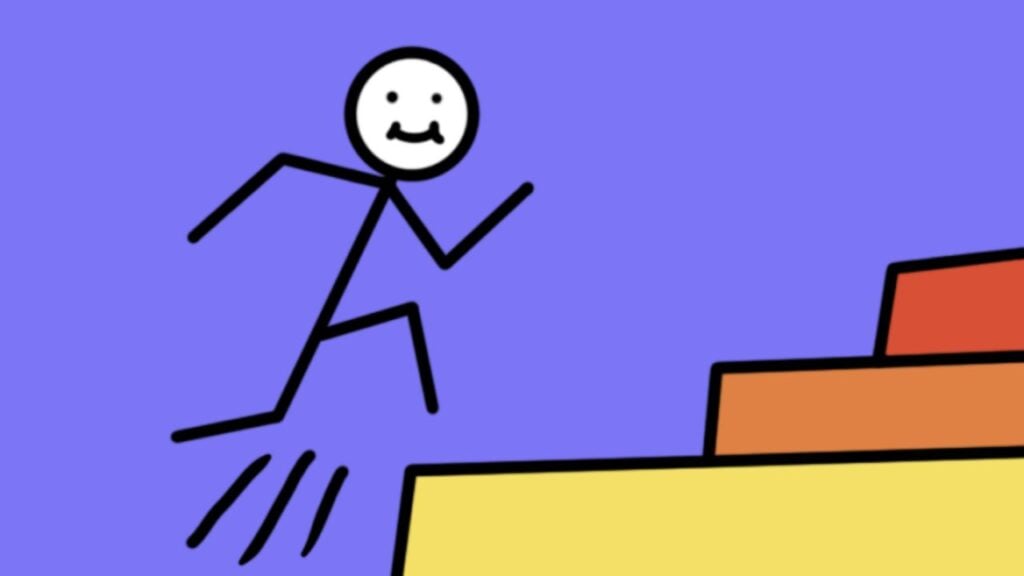 Feature image for our +1 Jump Every Second codes guide. It shows a smiling stickman jumping up a colorful staircase.