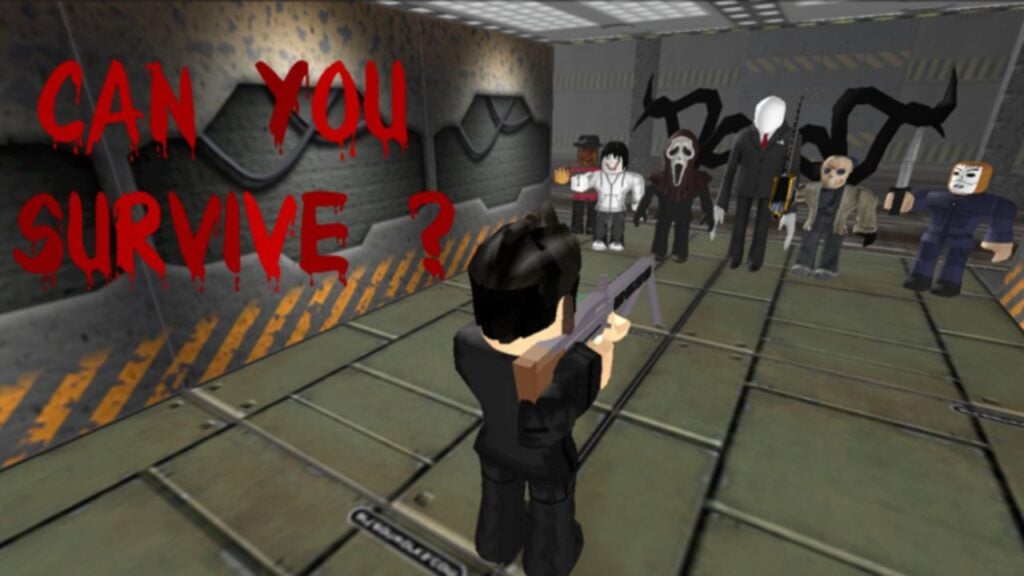 Feature image for our Survive and Kill the Killers in Area 51 codes guide. It shows a Roblox character with black hair aiming at a crowd of horror characters, including Slenderman, Freddy Krueger and Jason Voorhees.