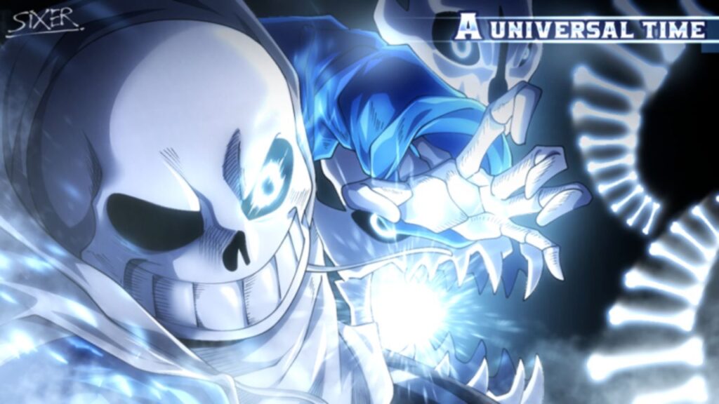 Feature image for our A Universal Time codes guide. It shows the character of San from the Undertale franchise, a skeleton with one blue eye, appearing to charge up a blue energy attack.