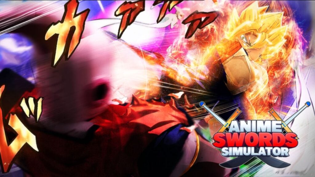Feature image for our Anime Swords Simulator codes guide. It shows a Roblox version of the character Goku fighting an alien.