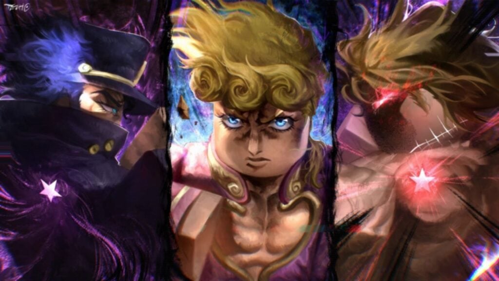 Feature image for our Anime World Tower Defense codes guides. It shows a Roblox versions, of Giorno Giovanna, Dio, and Jotaro Kujo.