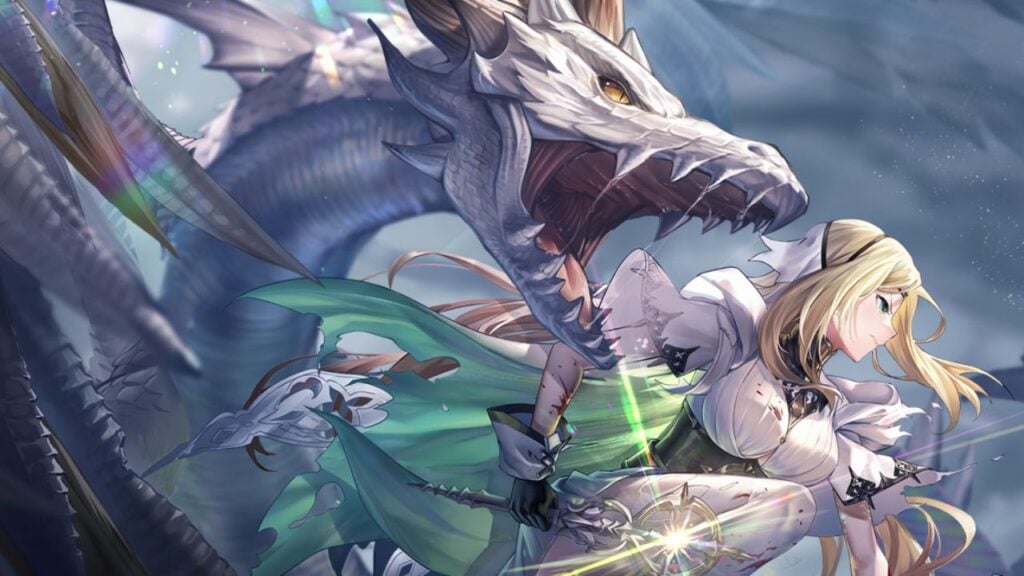Feature image for our Archeland tier list. It shows a blond-haired female character holding a glowing scepter. Leaning over her shoulder is a roaring white dragon.
