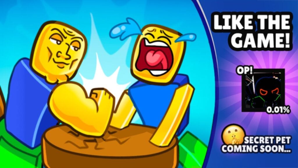 Feature image for out Arm Wrestle Simulator codes guide. It shows two Roblox characters arm wrestling. One is crying as they lose to the other, who is muscular and has a 'Chad' face.