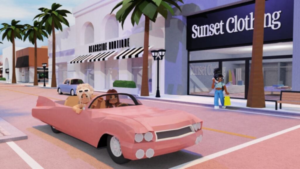 Feature image for our Berry Avenue codes guide. It shows two female Roblox characters in a pink convertible, stopped at a light on a street. Another character is stood outside a nearby shop, talking on her phone.