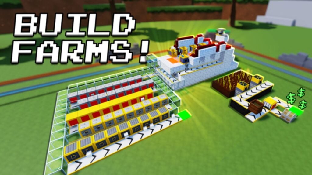 Feature image for our Block Tycoon codes guide. It shows an automated cobblestone farm using conveyor belts, similar to one from Minecraft.