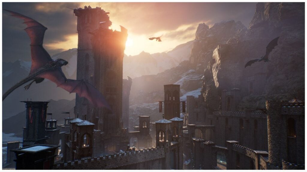 feature image for our century: age of ashes android news, the image features a promo screenshot of dragons soaring through the sky as they fly towards a large stonecastle, with snow covered mountains in the distance and a glowing sunset