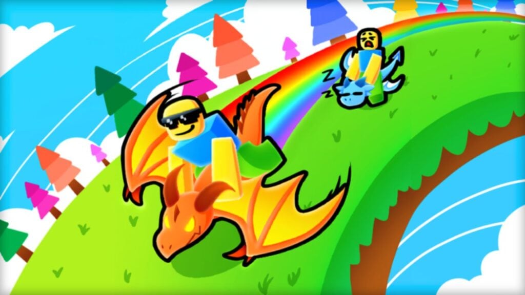 Feature image for our Dragon Race codes guide. It shows a Roblox character in sunglasses riding by on a dragon, leaving a rainbow trail. Another sits on the ground crying while the dragon they're sat on is asleep.
