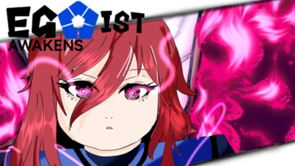 Feature image for our Egoist Awakens codes guide. It shows art of a female anime character with long red hair. Her eyes are pink and pink energy floats out from them. The background is wavy and pink.