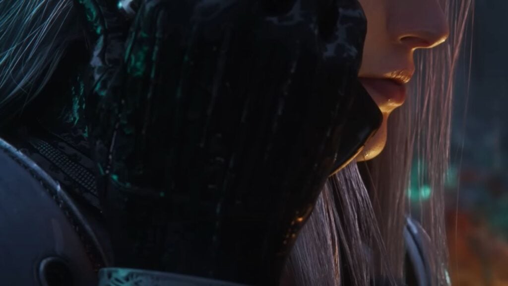 Feature image for our Final Fantasy VII: Ever Crisis trailer news. It shows a close-up of the bottom half of the face of Sephiroth, a man with long silver hair. He's holding a phone to his ear.