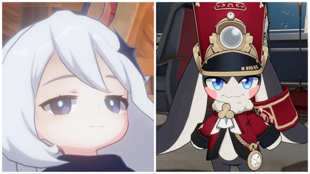 feature image for our genshin impact lowest ever revenue news, the image features screenshots of paimon smirking from genshin impact, and pom pom from honkai star rail standing while smiling