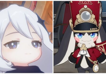 feature image for our genshin impact lowest ever revenue news, the image features screenshots of paimon smirking from genshin impact, and pom pom from honkai star rail standing while smiling