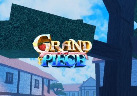 Feature image for our GPO race buffs guide. It shows an in-game screen of a town with trees, and the game's text logo over the top, which reads 'Grand Piece'.