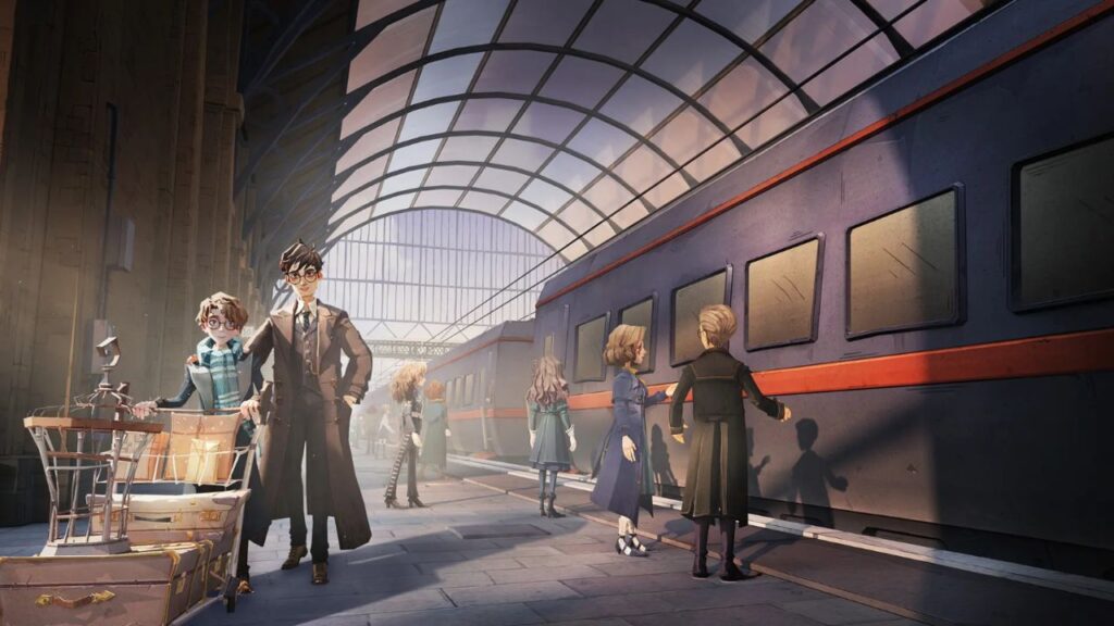 Feature image for our Harry Potter Magic Awakened codes guide. It shows a train station, with an adult Harry Potter helping his son take his bags to the train.