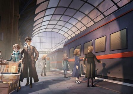 Feature image for our Harry Potter Magic Awakened codes guide. It shows a train station, with an adult Harry Potter helping his son take his bags to the train.