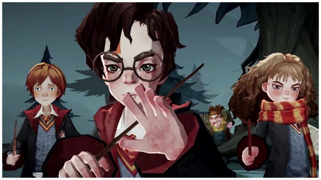 feature image for our harry potter: magic awakened shop changes news, the image features a screenshot from the game's trailer of harry potter holding a wand and hold his hand up as Hermione and ron weasley stand behind him